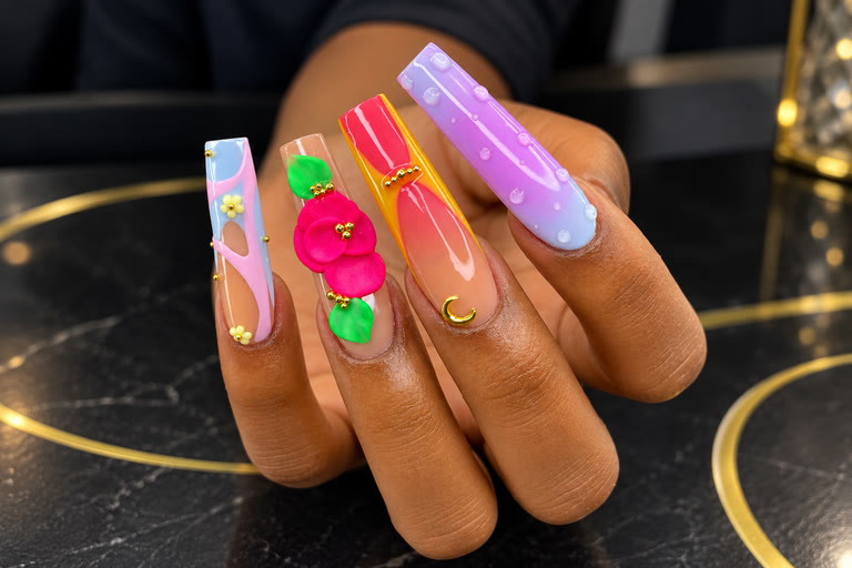 Manucure artistique aux motifs floraux et colorés.