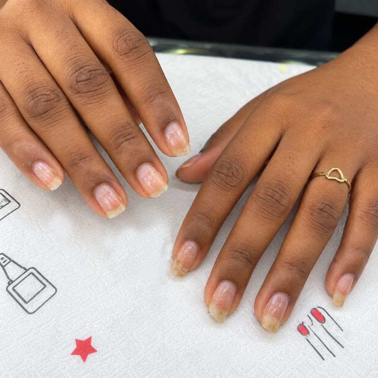 Les mains avant le travail, ongles naturels courts.
