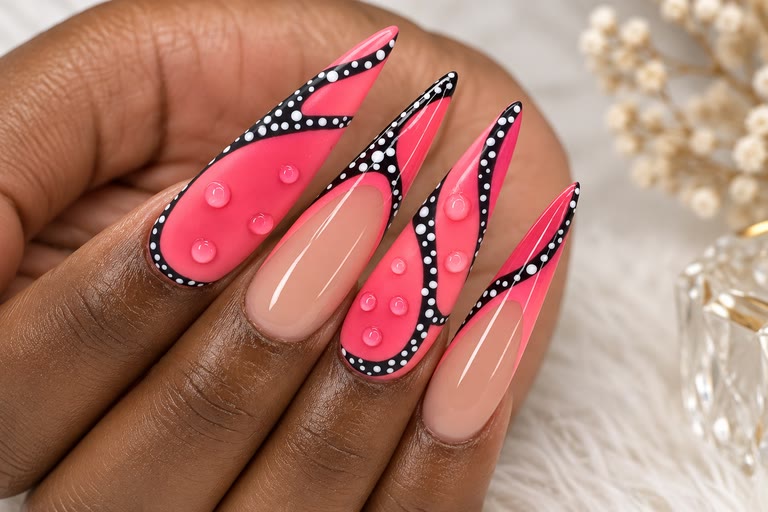 Pose d’ongles stiletto terminée, rose à bordure noire et points blancs.